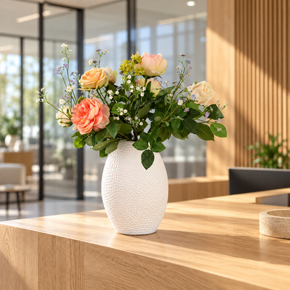 Kunstboeket Ellie in witte vintage vaas met noppenreliëf, maat L – Reflower, abonnement op kunstbloemen