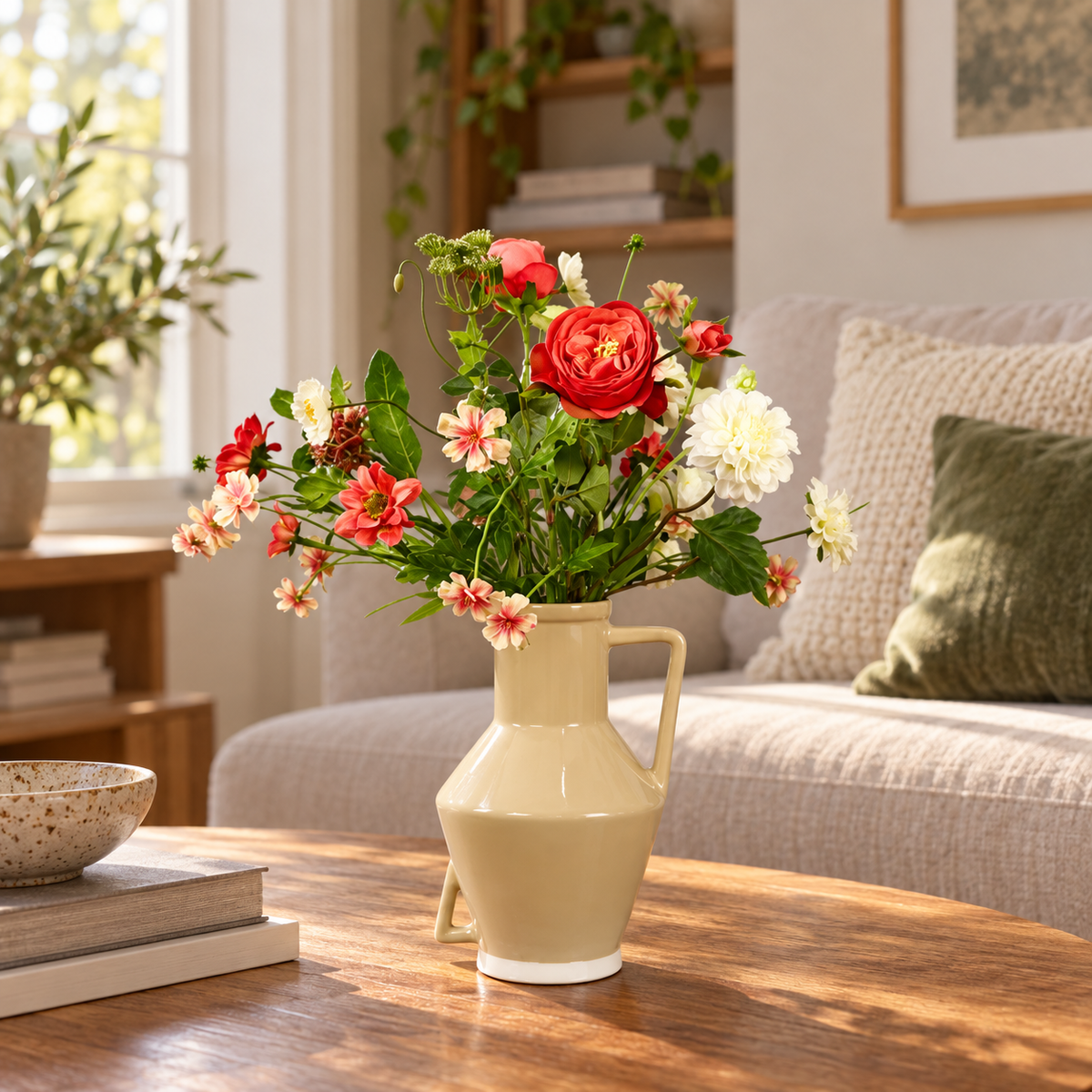 Kunstboeket Lonne in lichtgele glanzende Return to Sender vaas met oor, maat M – Reflower, abonnement op kunstbloemen