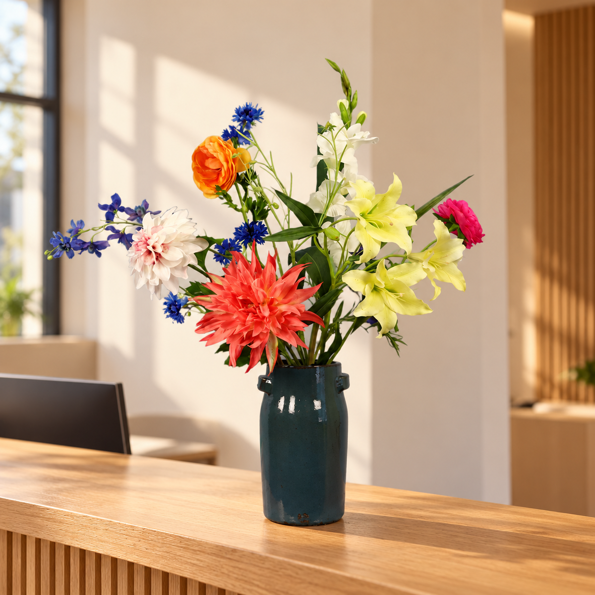 Kunstboeket POM Amsterdam x Reflower in donkergroene glanzende Serax vaas, maat L – Reflower, abonnement op kunstbloemen