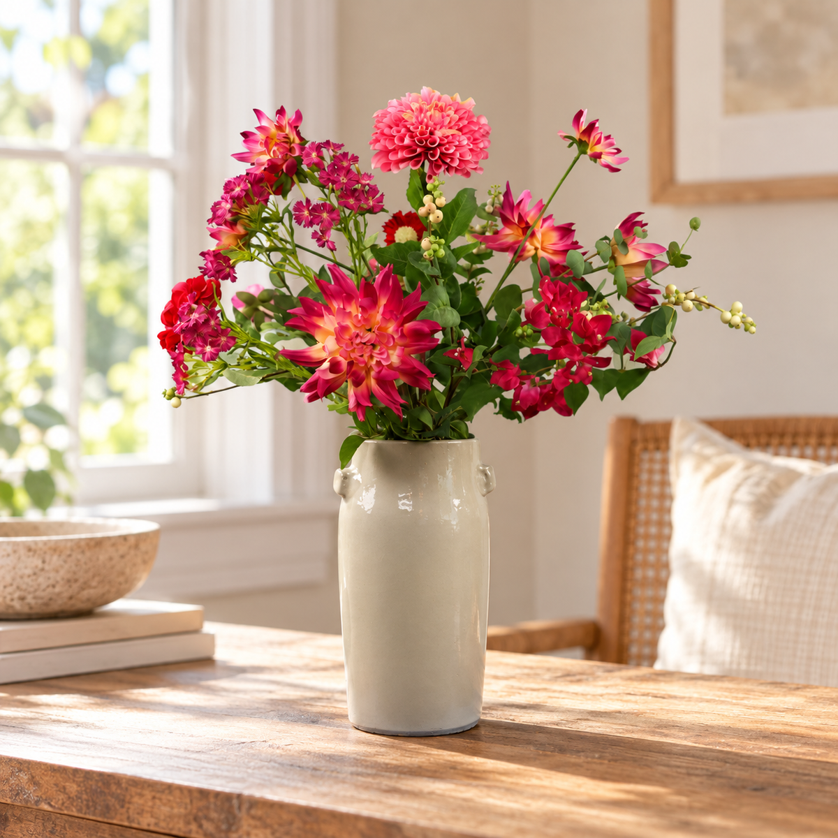 Kunstboeket Joeri in grijze matte Serax vaas, maat L – Reflower, abonnement op kunstbloemen