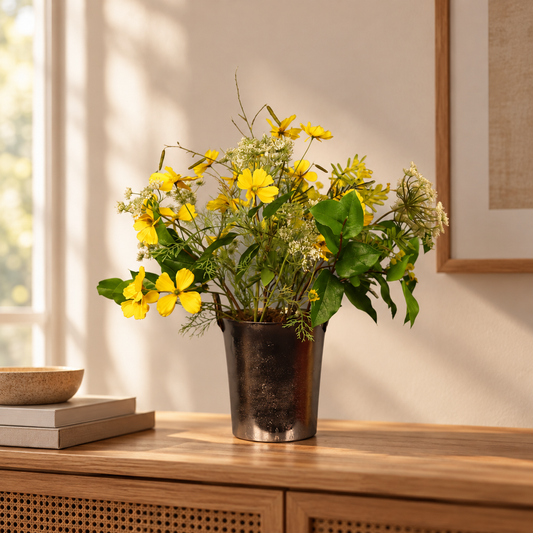 Kunstboeket Carmen in donker metalen vintage wijnkoeler, maat L – Reflower, abonnement op kunstbloemen