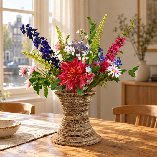Kunstboeket Joy in geribbelde kartonnen Kartent vaas, maat XL – Reflower, abonnement op kunstbloemen