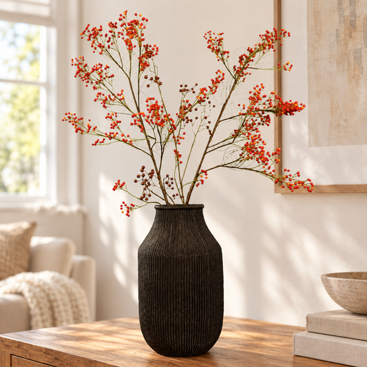 Kunstboeket Bink in zwarte geribbelde mand, maat XL – Reflower, abonnement op kunstbloemen