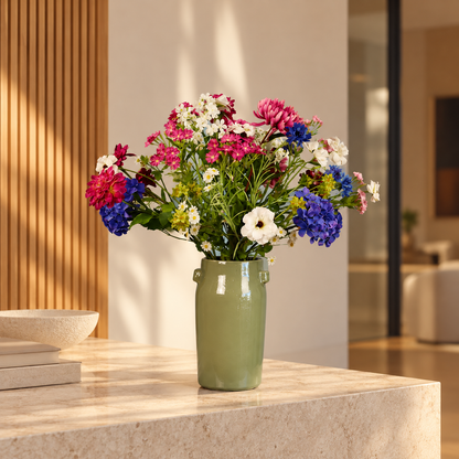 Kunstboeket Eefje in saliegroene glanzende Serax vaas met oortjes, maat L – Reflower, abonnement op kunstbloemen