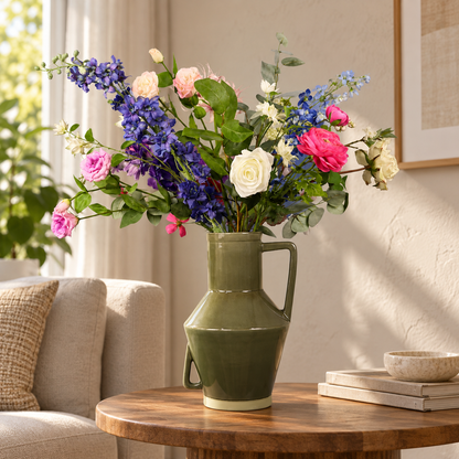 Kunstboeket Evi in saliegroene glanzende Return to Sender vaas met oren, maat XL – Reflower, abonnement op kunstbloemen