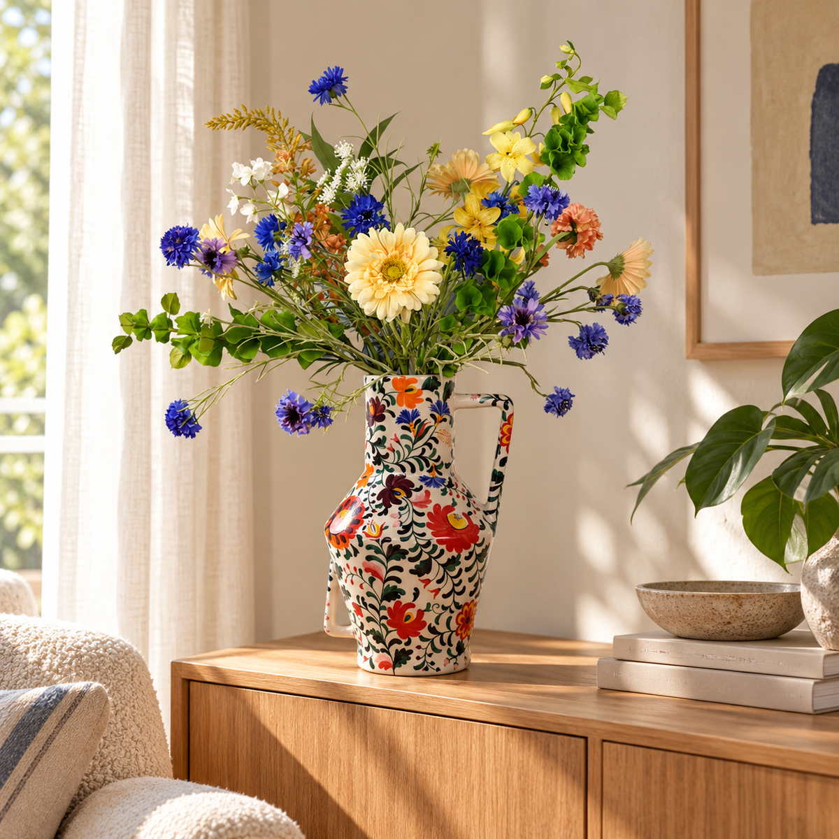 Kunstboeket Thera in Return to Sender vaas met kleurrijk bloemdessin, maat XL – Reflower, abonnement op kunstbloemen