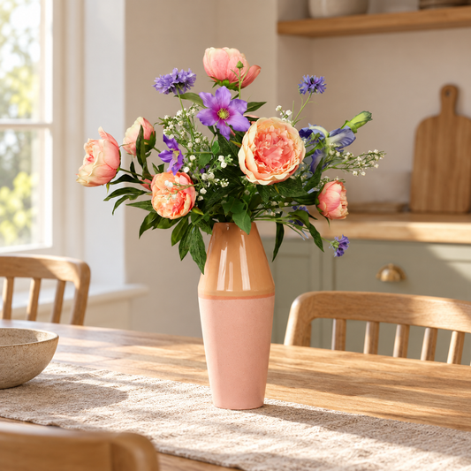 Kunstboeket Ghislaine in roze tweekleurige vaas met glanzende hals, maat L – Reflower, abonnement op kunstbloemen