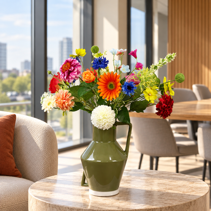 Kunstboeket Tibbo in olijfgroene glanzende Return to Sender vaas met oor, maat L – Reflower, abonnement op kunstbloemen