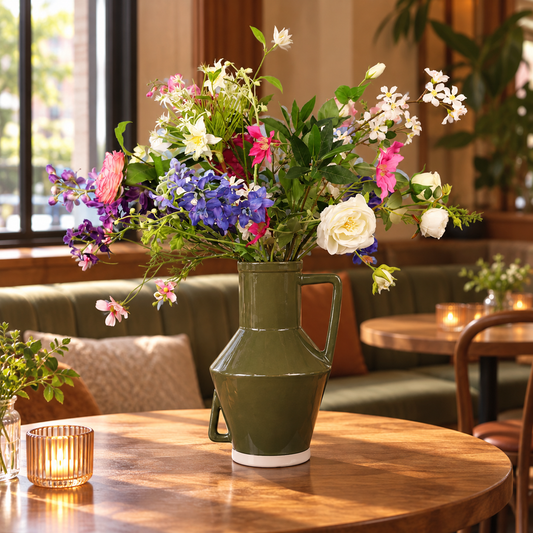 Kunstboeket Trude in olijfgroene glanzende Return to Sender vaas met oor, maat XL – Reflower, abonnement op kunstbloemen
