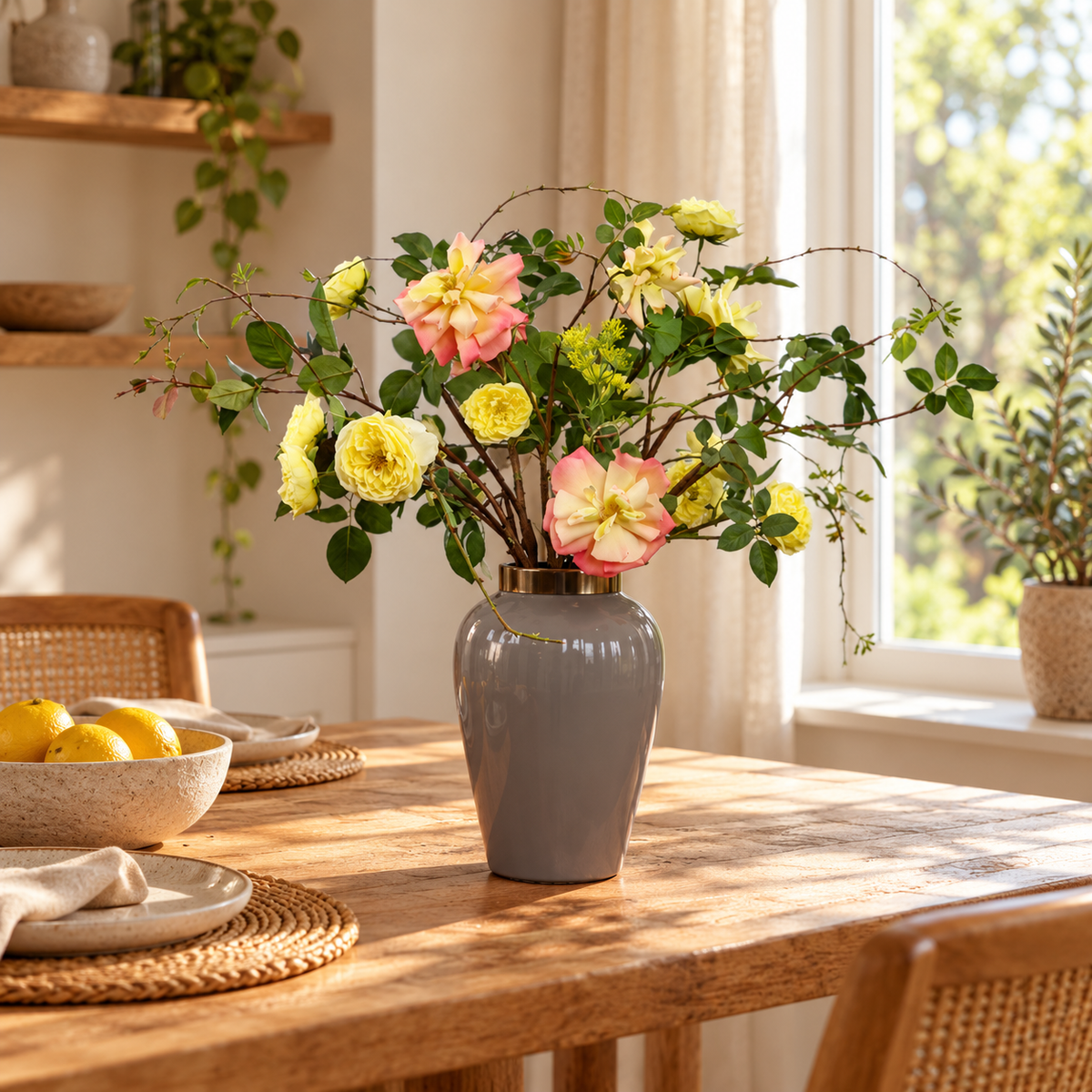 Kunstboeket Ellen in grijze glanzende Light & Living vaas, maat L – Reflower, abonnement op kunstbloemen