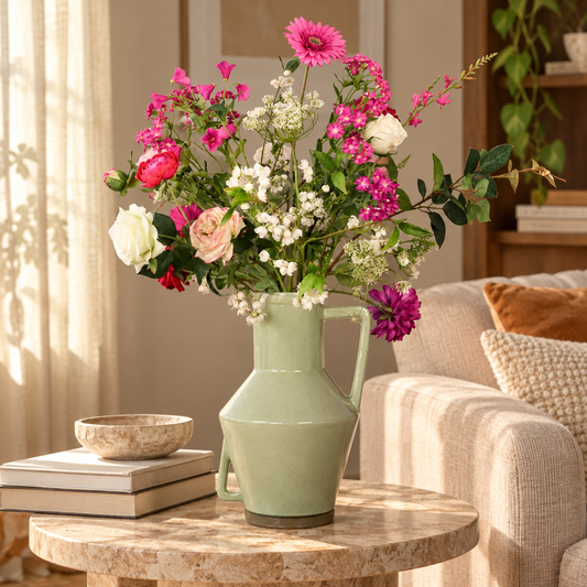 Kunstboeket Sieb in saliegroene glanzende Return to Sender vaas met oor, maat XL – Reflower, abonnement op kunstbloemen