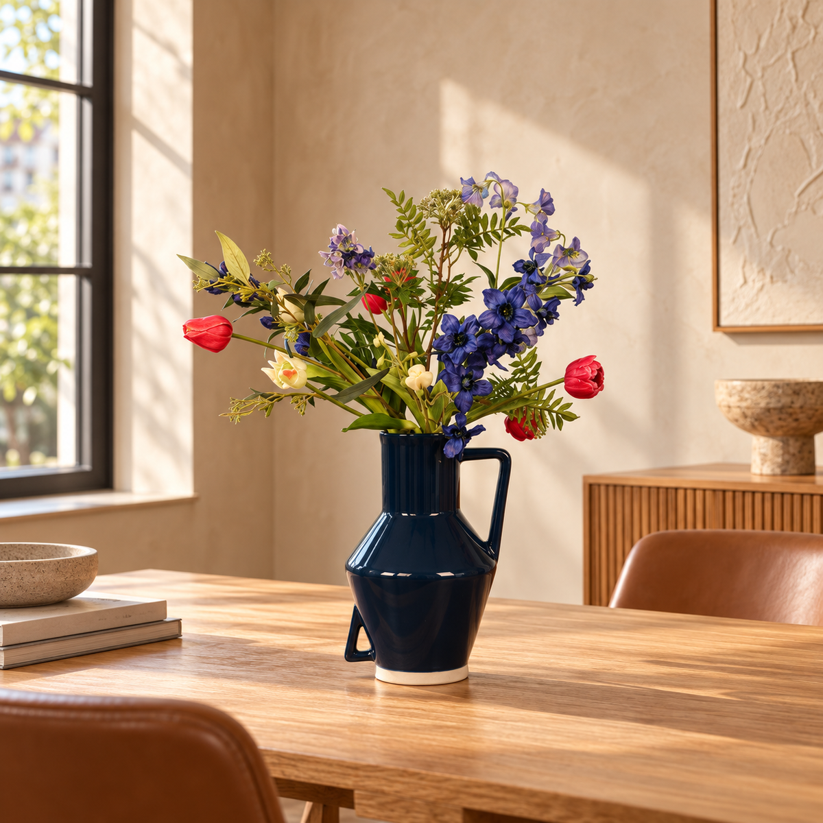 Kunstboeket Aagje in donkerblauwe glanzende Return to Sender vaas met oor, maat L – Reflower, abonnement op kunstbloemen