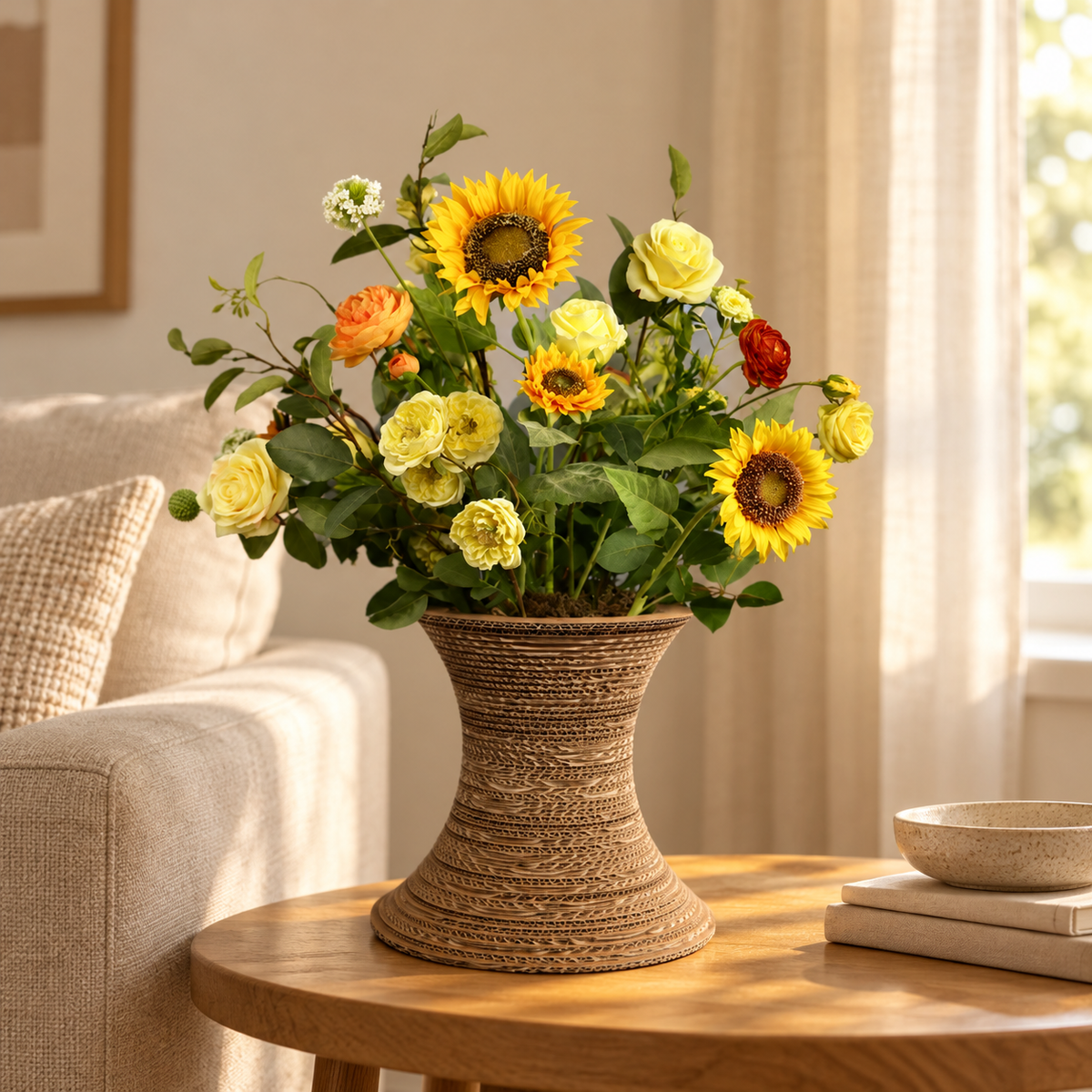 Kunstboeket Merel in geribbelde kartonnen Kartent vaas, maat XL – Reflower, abonnement op kunstbloemen