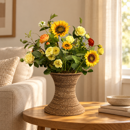 Kunstboeket Merel in geribbelde kartonnen Kartent vaas, maat XL – Reflower, abonnement op kunstbloemen