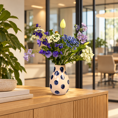 Kunstboeket Billie in witte Bahne vaas met blauwe stippen, maat M – Reflower, abonnement op kunstbloemen