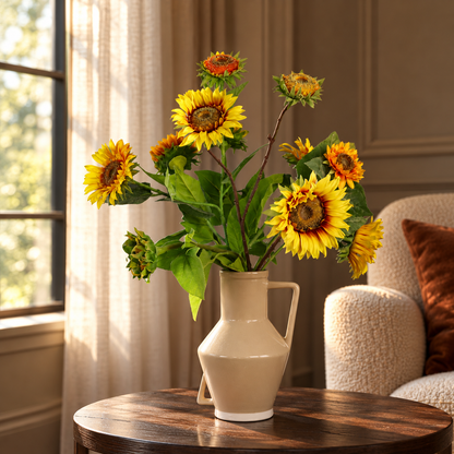 Kunstboeket Hidde in zandkleurige glanzende Return to Sender vaas met oor, maat L – Reflower, abonnement op kunstbloemen