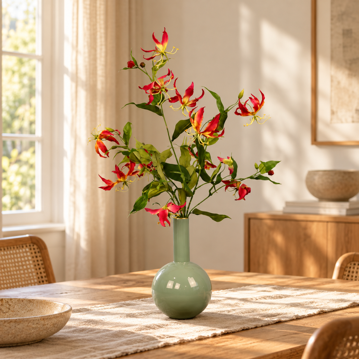 Kunstboeket Rupert in saliegroene Pip Studio bolvaas met smalle hals, maat L – Reflower, abonnement op kunstbloemen
