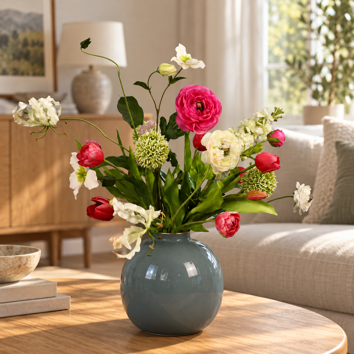 Kunstboeket Frasier in grijsblauwe glanzende Pip Studio bolvaas, maat L – Reflower, abonnement op kunstbloemen