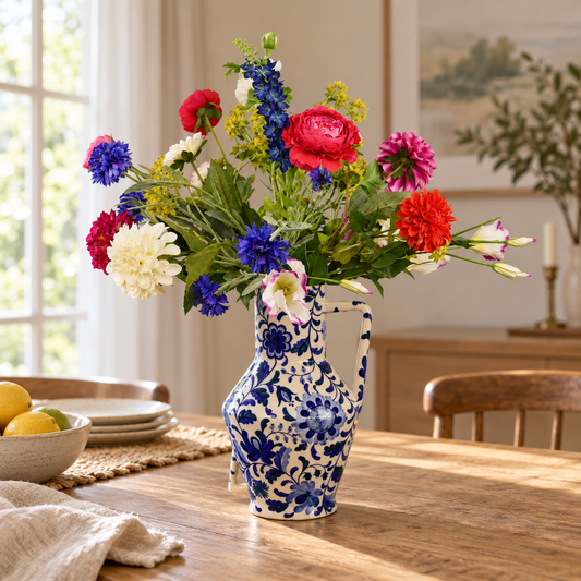 Kunstboeket Froukje in Delfts blauwe Return to Sender vaas met bloemdessin, maat L – Reflower, abonnement op kunstbloemen