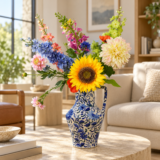 Kunstboeket Michael in Delftsblauwe Return to Sender vaas, maat XL – Reflower, abonnement op kunstbloemen