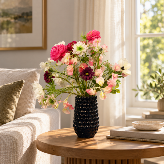 Kunstboeket Fiep in zwarte Sellpy vaas met noppenreliëf, maat M – Reflower, abonnement op kunstbloemen