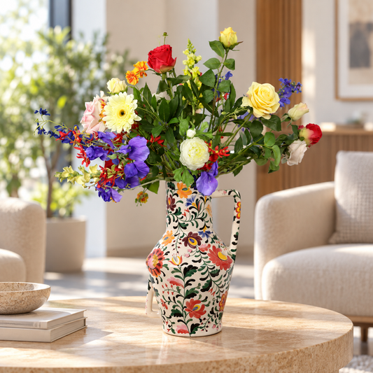 Kunstboeket Sarah in crèmekleurige Return to Sender vaas met bloemmotief, maat XL – Reflower, abonnement op kunstbloemen