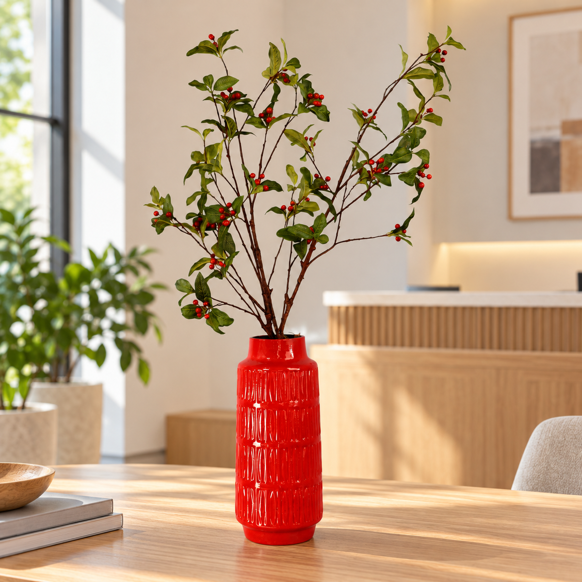 L - Pernille | Rode vaas met kunstbloemen | Large
