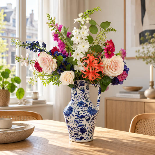 Kunstboeket Michel in Delftsblauwe Return to Sender vaas met bloemdessin, maat XL – Reflower, abonnement op kunstbloemen