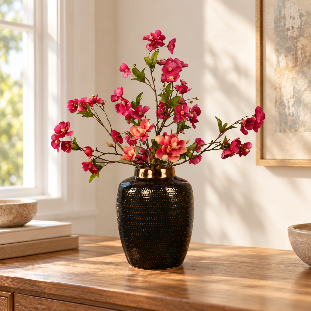 Kunstboeket Ans in donkerbruine glanzende vintage vaas, maat L – Reflower, abonnement op kunstbloemen