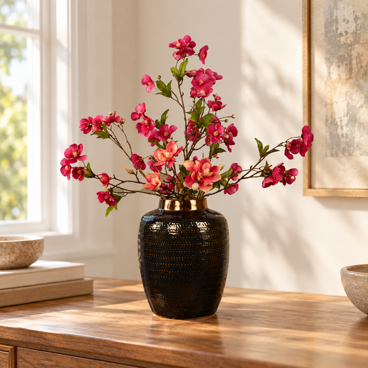 Kunstboeket Ans in donkerbruine glanzende vintage vaas, maat L – Reflower, abonnement op kunstbloemen