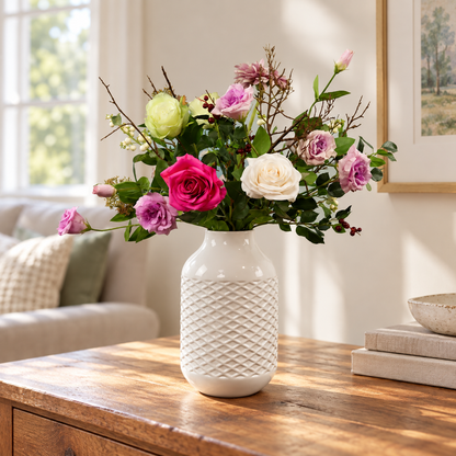 Kunstboeket Nanja in witte vintage vaas met ruitreliëf, maat L – Reflower, abonnement op kunstbloemen