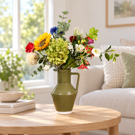 Kunstboeket Benthe in mosgroene glanzende Return to Sender vaas met oor, maat L – Reflower, abonnement op kunstbloemen
