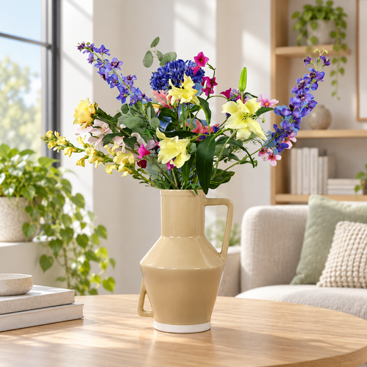 Kunstboeket Yonah in okergele glanzende Return to Sender vaas met oor, maat XL – Reflower, abonnement op kunstbloemen
