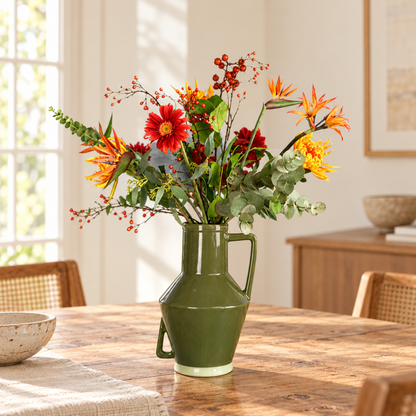 Kunstboeket Lisan in mosgroene glanzende Return to Sender vaas met oor, maat XL – Reflower, abonnement op kunstbloemen