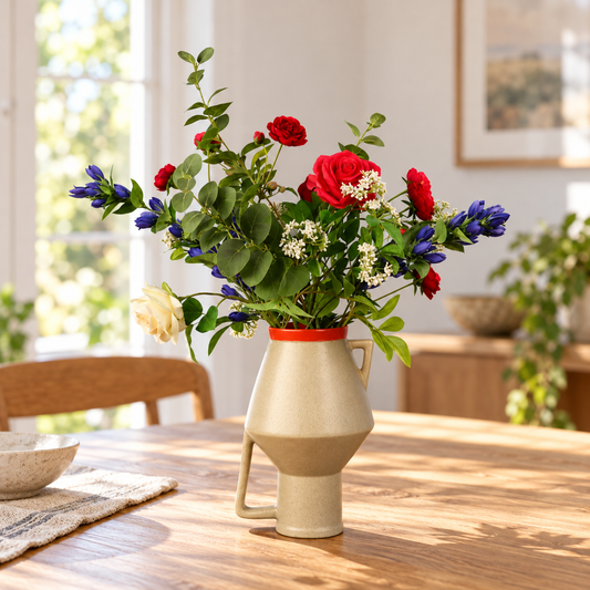 Kunstboeket Imme in zandkleurige Return to Sender vaas met rode rand, maat L – Reflower, abonnement op kunstbloemen
