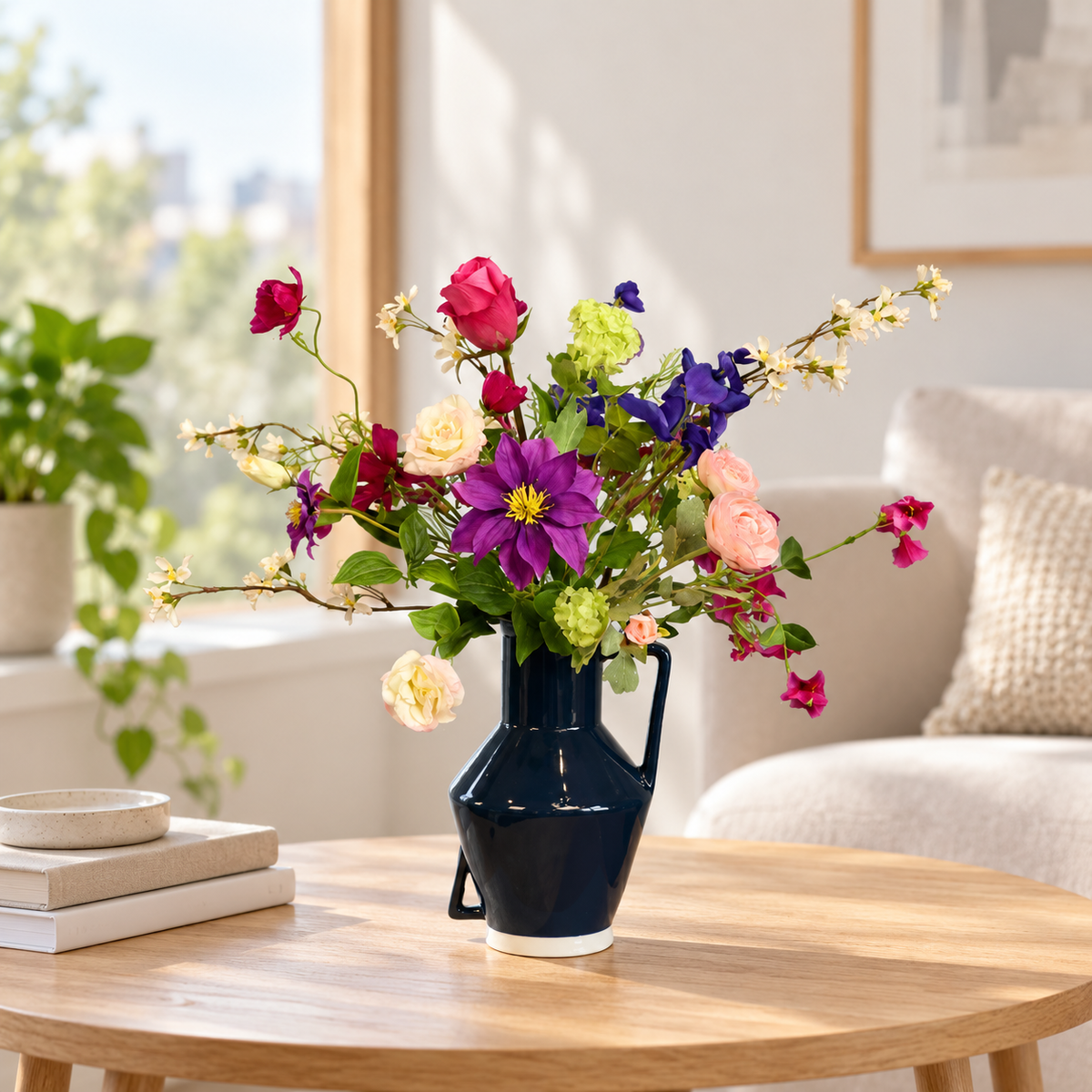 Kunstboeket Jakko in donkerblauwe glanzende Return to Sender vaas, maat L – Reflower, abonnement op kunstbloemen