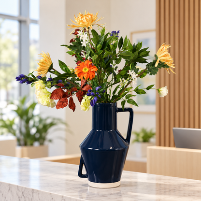 Kunstboeket Lauren in donkerblauwe geglazuurde Return to Sender vaas, maat XL – Reflower, abonnement op kunstbloemen