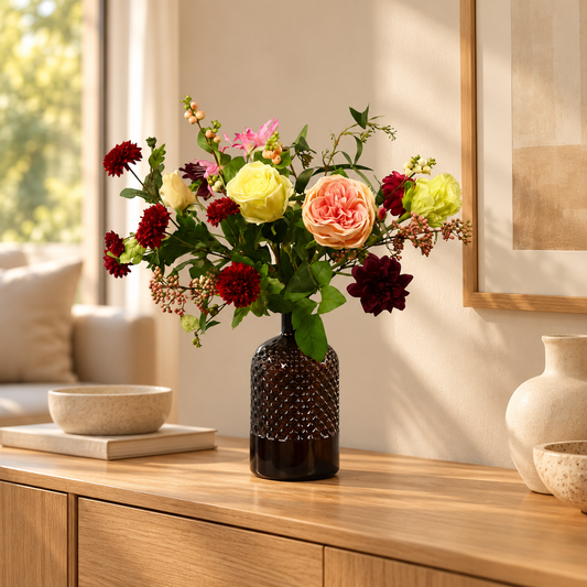 M - Lukas | Geribbelde glazen vaas met kunstbloemen | Medium