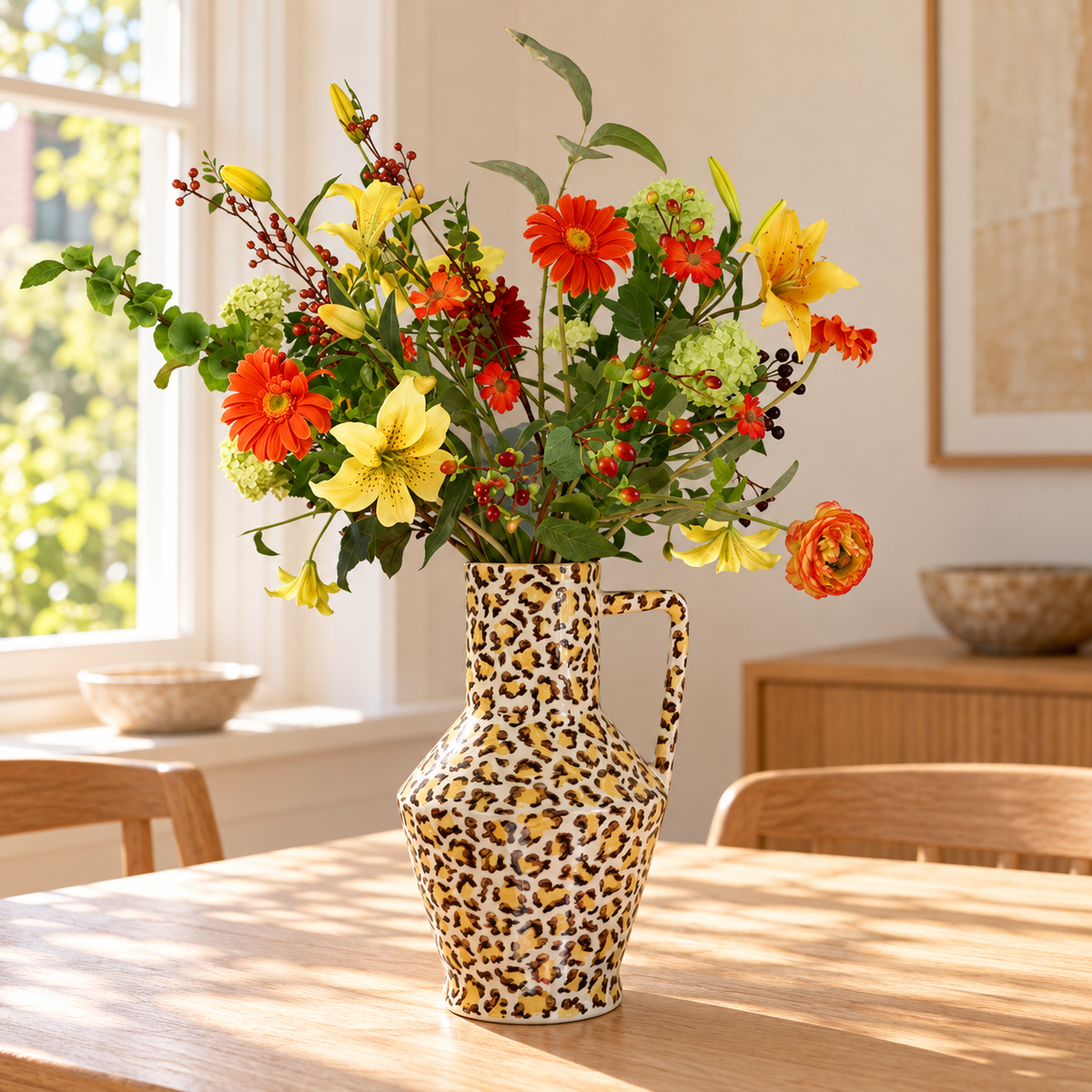 Kunstboeket Ludo in Return to Sender vaas met luipaardprint, maat XL – Reflower, abonnement op kunstbloemen