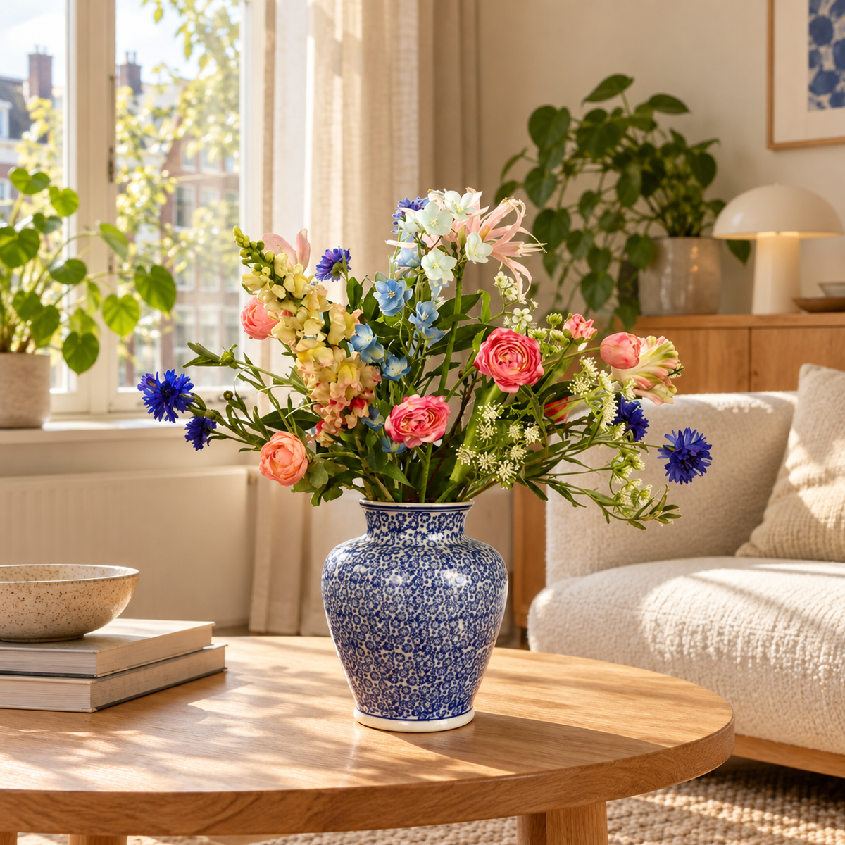 L - Ranomi | Delfts blauwe vaas met kunstbloemen | Large