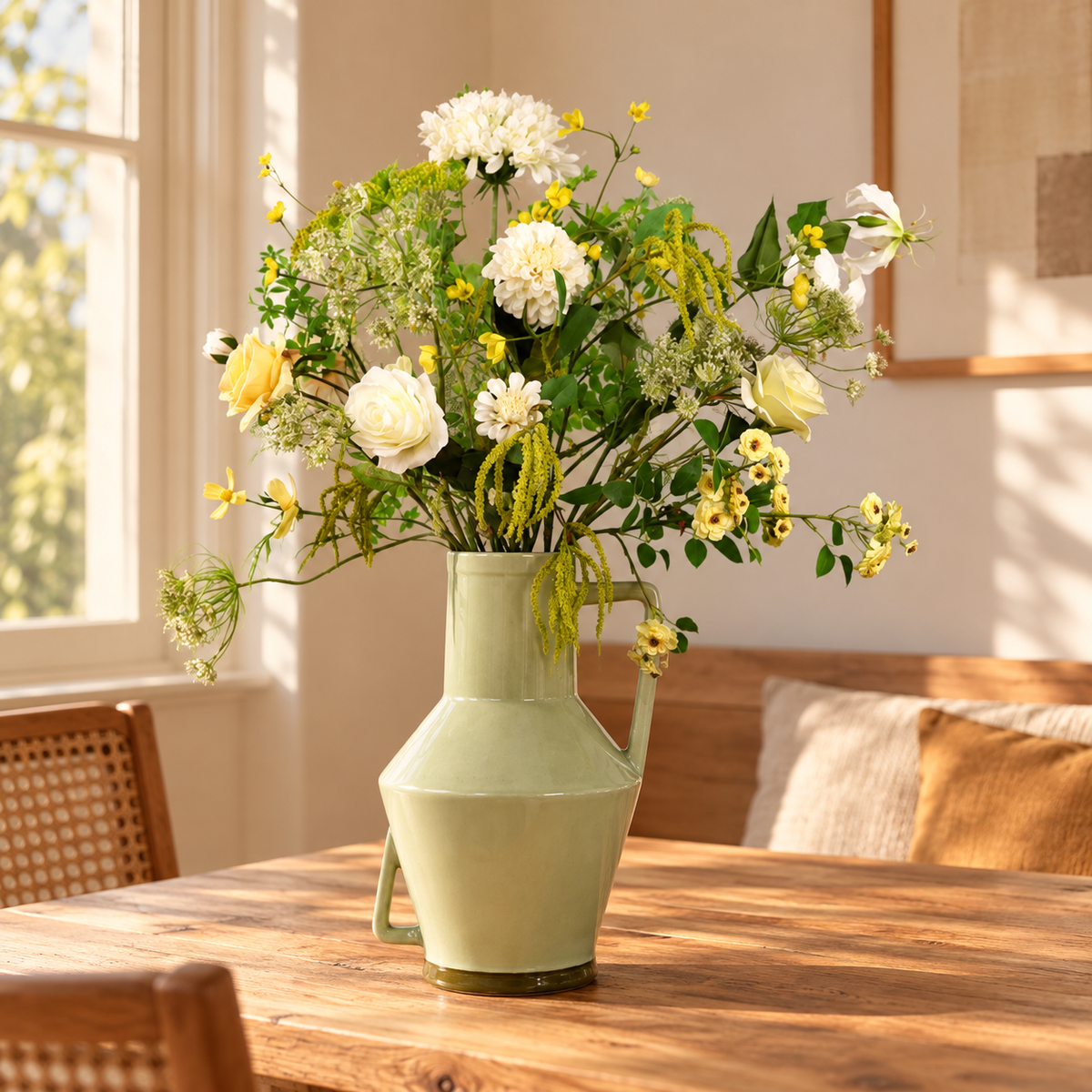 Kunstboeket Rafael in saliegroene glanzende Return to Sender vaas met oor, maat XL – Reflower, abonnement op kunstbloemen
