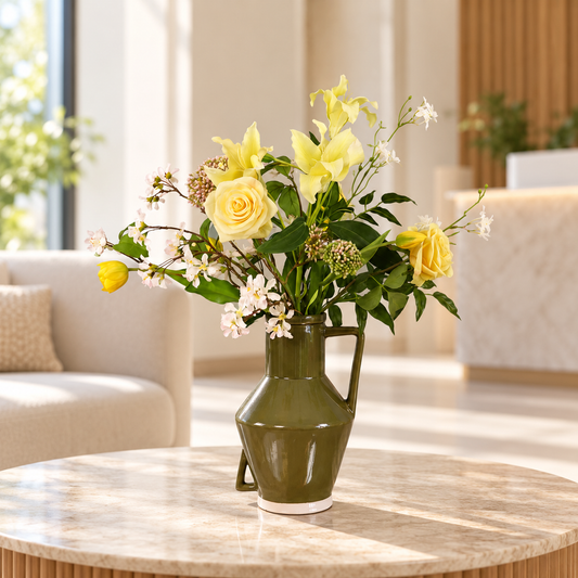 Kunstboeket Langston in olijfgroene Return to Sender vaas met oor, maat L – Reflower, abonnement op kunstbloemen