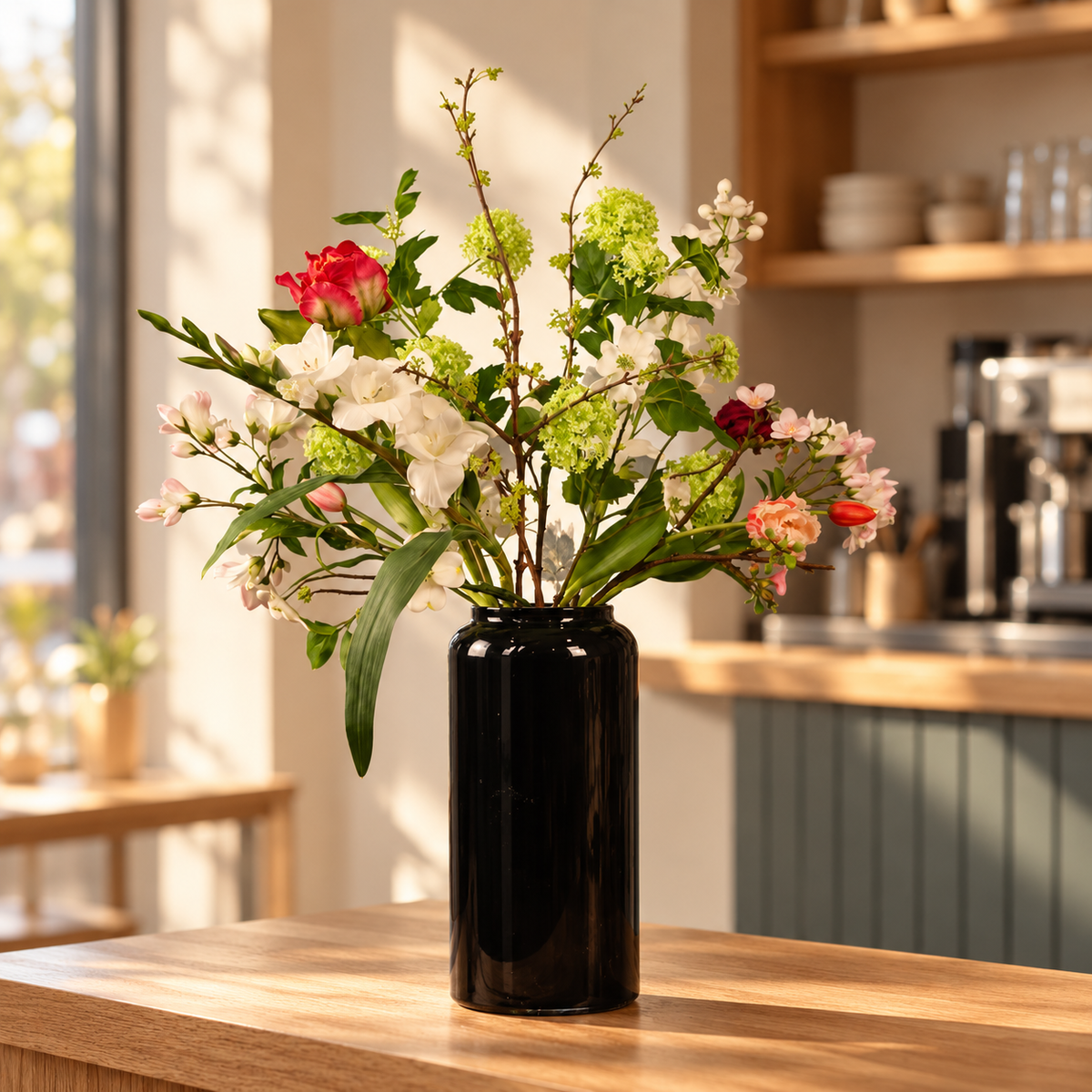 Kunstboeket Borry in zwarte glanzende glazen cilindervaas, maat XL – Reflower, abonnement op kunstbloemen