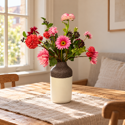 Kunstboeket Ineke in roomwitte Studio Harm & Elke vaas met gespikkelde top, maat L – Reflower, abonnement op kunstbloemen