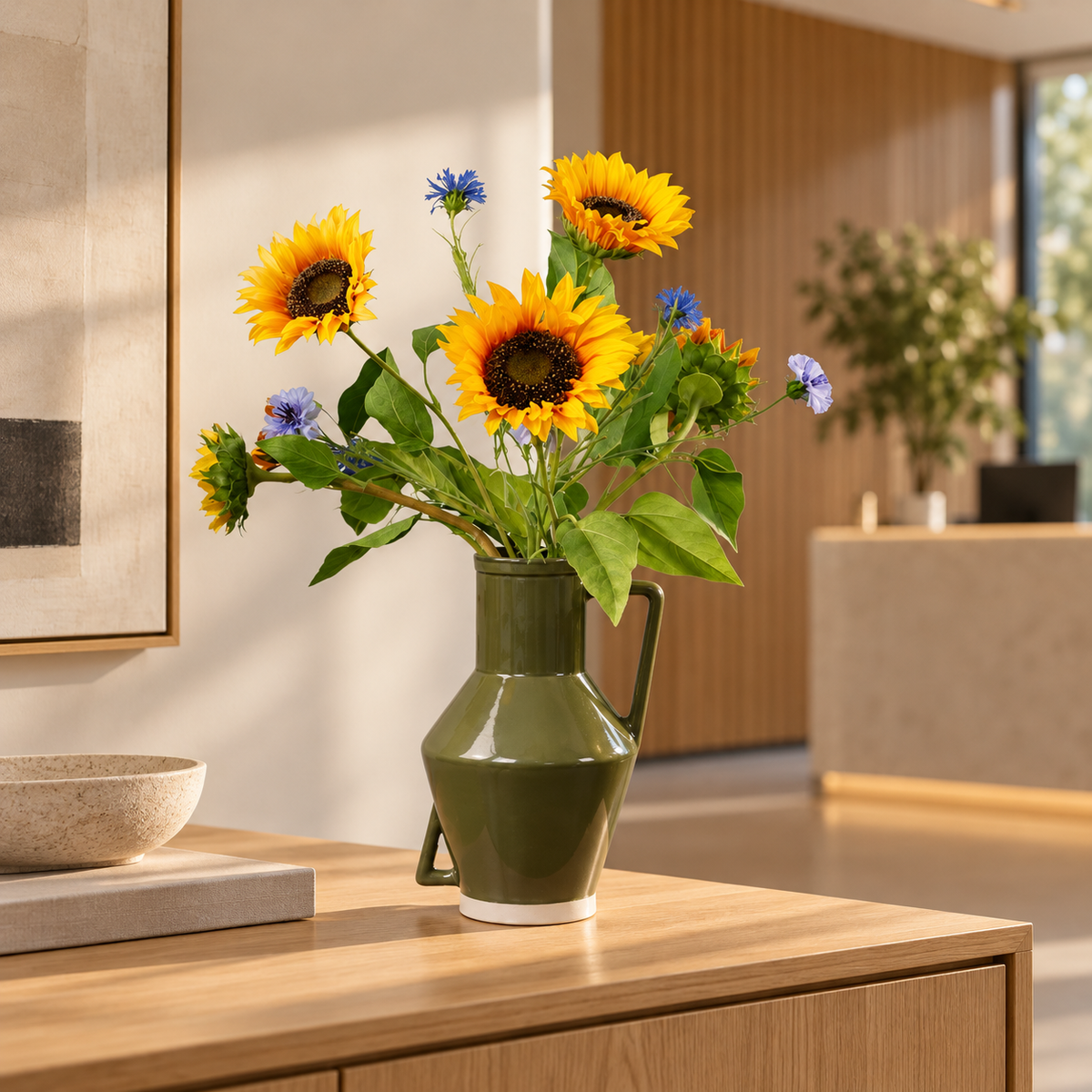 Kunstboeket Rosaly in olijfgroene glanzende Return to Sender vaas met oor, maat L – Reflower, abonnement op kunstbloemen