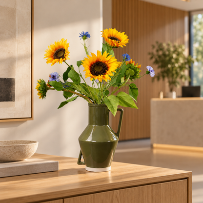 Kunstboeket Rosaly in olijfgroene glanzende Return to Sender vaas met oor, maat L – Reflower, abonnement op kunstbloemen