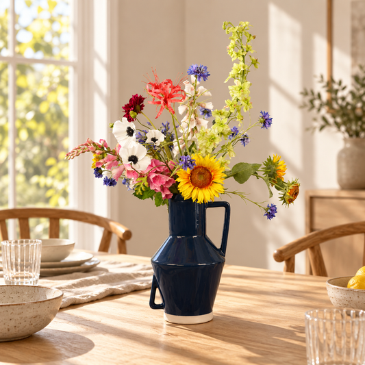 Kunstboeket Aurélie in donkerblauwe glanzende Return to Sender vaas met oor, maat XL – Reflower, abonnement op kunstbloemen