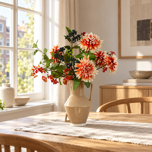 Kunstboeket Ingrid in zandkleurige Return to Sender vaas met twee oren, maat L – Reflower, abonnement op kunstbloemen