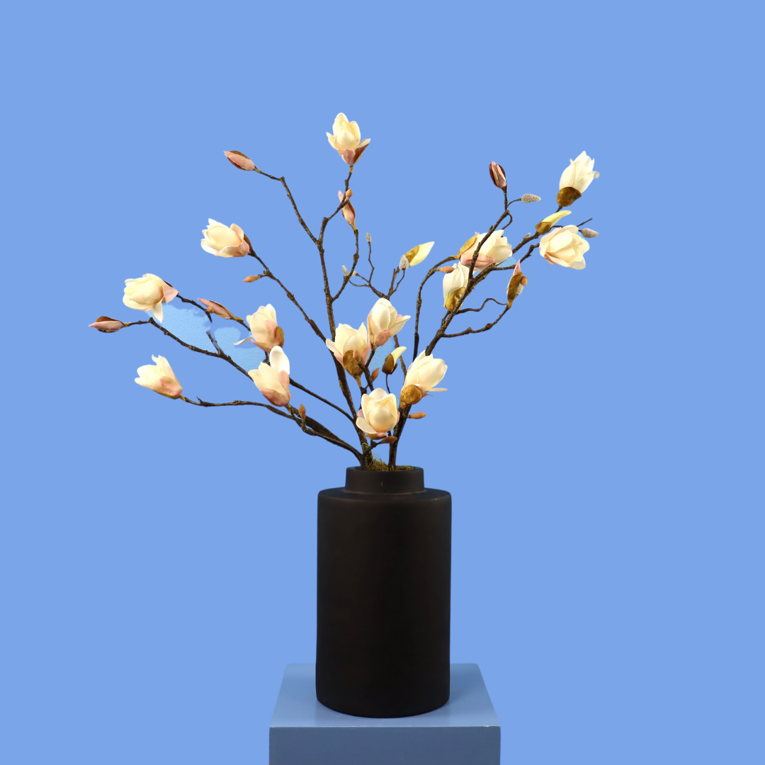 Kunstboeket Ronnie in zwarte matte cilindervaas, maat M – Reflower, abonnement op kunstbloemen
