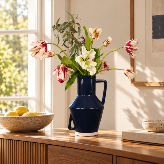 Kunstboeket Fem in donkerblauwe glanzende Return to Sender vaas met oor, maat XL – Reflower, abonnement op kunstbloemen